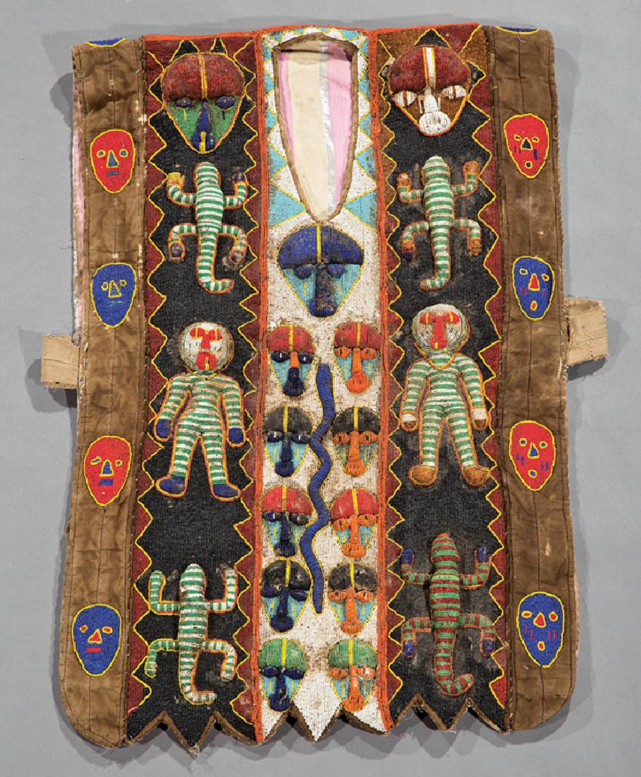 African Beaded Cotton Robe: African Beaded Cotton Robe, Yoruba, Nigeria, featuring masks, figures and creatures, w. 27 1/4 in., d. 3 1/2 in., l. 41 1/4 in. Provenance: Memphis Brooks Museum of Art, Memphis, TN. Condition: Struct