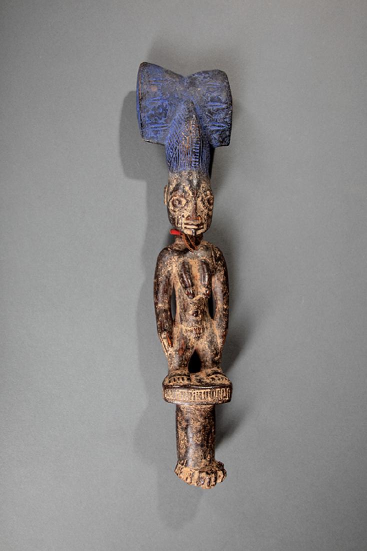 African Carved and Painted Wood Shango Staff: African Carved and Painted Wood Shango Staff, Yoruba, Nigeria, h. 17 3/4 in., w. 4 in., d. 2 3/4 in. Provenance: Memphis Brooks Museum of Art, Memphis, TN Condition: Filled/stabilized shrinkage from e