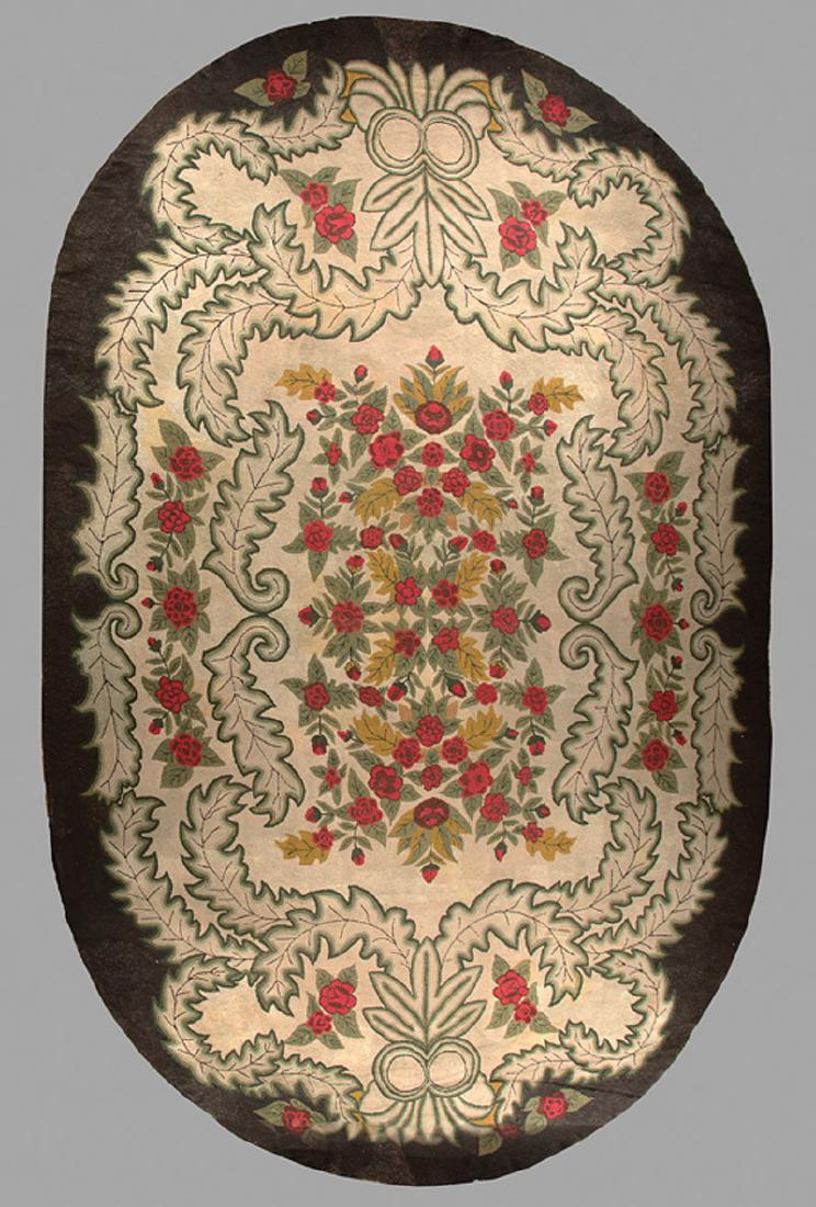Large American Hooked Rug: Large American Hooked Rug, c. 1940s, rose and leaf design, 13 ft. 6 in. x 21 ft. 7 in.; together with small hooked rug of similar design, 3 ft. x 5 ft. 7 in. (2 pcs.). Provenance: Property of the Mobi