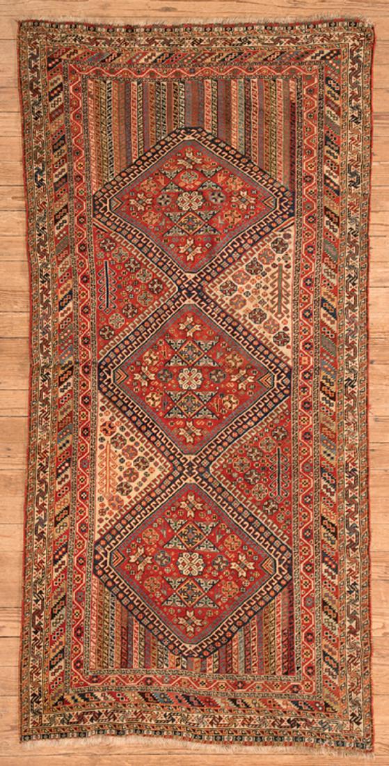 Antique Qashqua-Style Shiraz Carpet: Antique Qashqua-Style Shiraz Carpet, c. 1920s, red ground, triple medallion, 3 ft. 6 in. x 7 ft. 6 in. Provenance: Property of the Mobile Museum of Art, Mobile, AL; Sold to Benefit their Collections, 