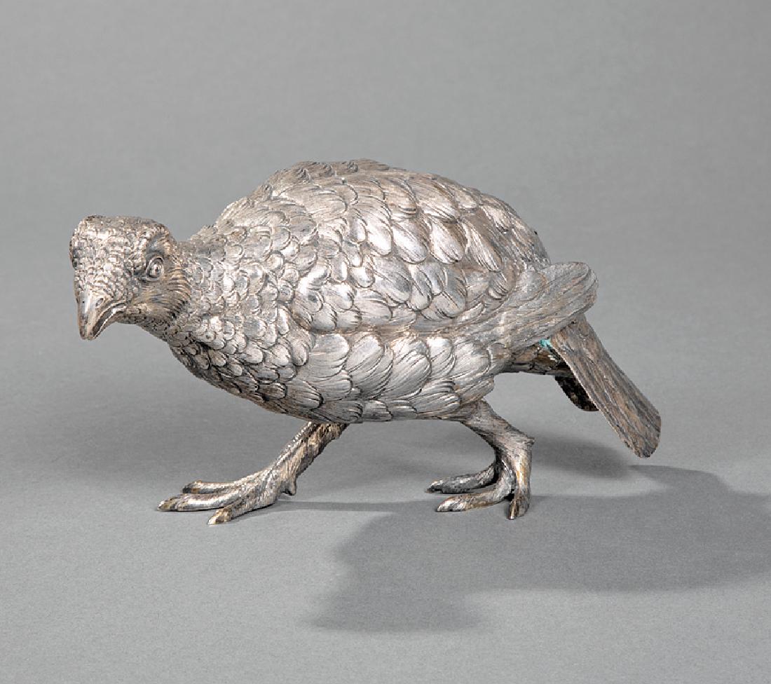 Continental @.800 Silver Grouse Garniture Figure: Continental .800 Silver Grouse Garniture Figure, Germany, Ludwig Neresheimer, Hanau, late 19th c., h. 4 in., w. 8 1/4 in., wt. 10.90 troy ozs. Provenance: Property of the Mobile Museum of Art, Mobile,
