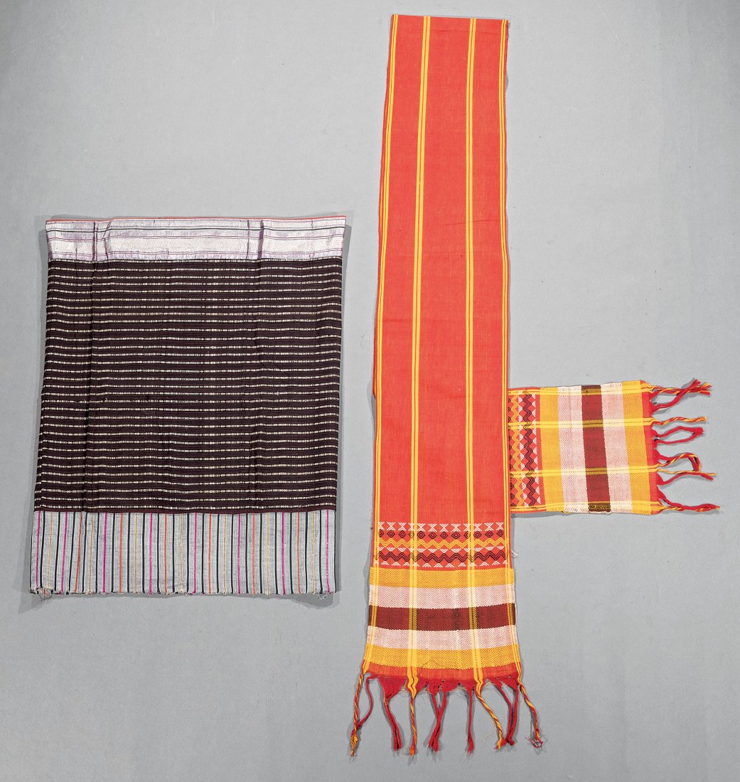 Filipino and Thai Wove Cotton Textiles: Filipino and Thai Wove Cotton Textiles, 20th c., Filipino, l. (excl. fringe) 126 in., w. 11 1/2 in.; Thai, tubular, l. 35 in., w. 26 1/2 in. (2 pcs.). Provenance: Property of the Mobile Museum of Art,