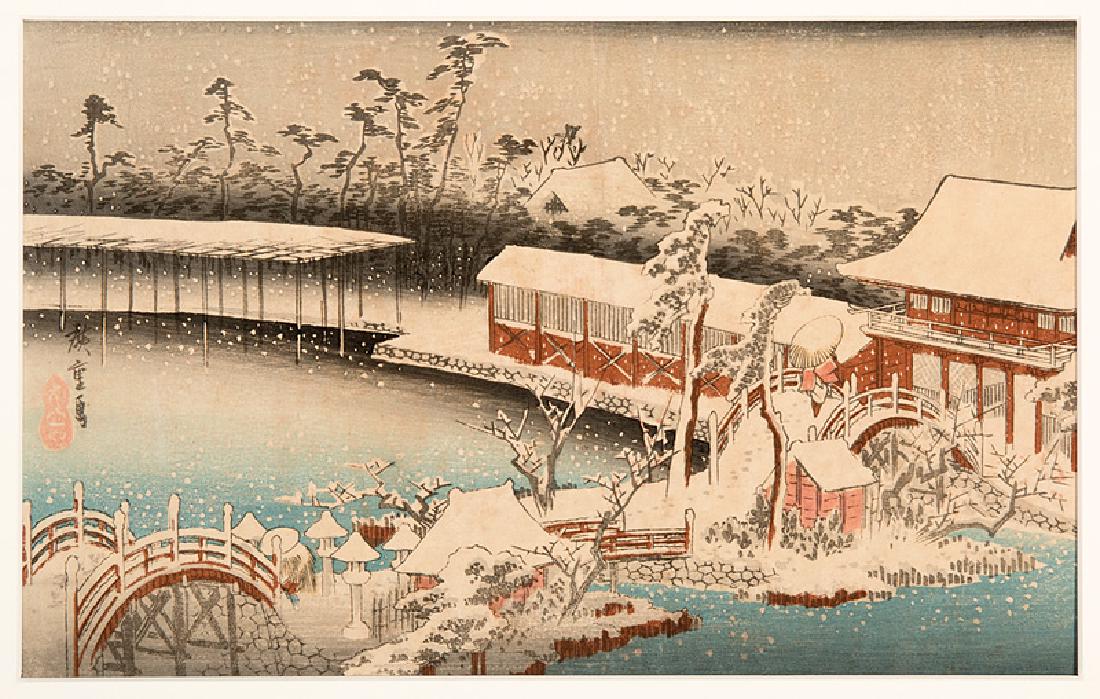 Ando Hiroshige (Japanese, 1797-1858): Ando Hiroshige (Japanese, 1797-1858), four woodblock prints, incl. "Snow in the Precincts of the Temman Shrine at Kameido", 8 3/4 in. x 13 3/4 in.; "Travelers in Landscape", 6 1/8 in. x 8 3/4 in.; and