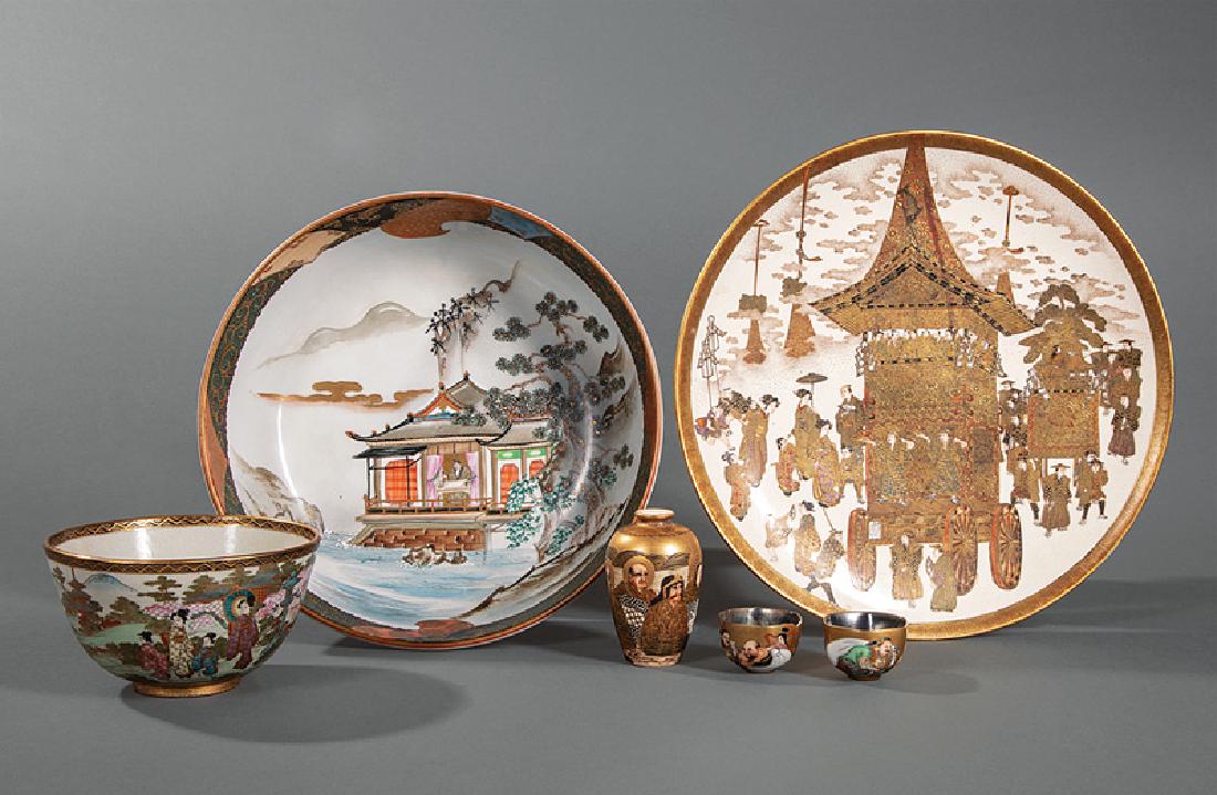Japanese Satsuma Pottery Dish, Bowl and Vase: Japanese Satsuma Pottery Dish, Bowl and Vase, probably Meiji Period (1868-1912), dish finely decorated with figures in carts, overall gilt moriage highlights, base marked, h. 1 3/8 in., dia. 10 1/2 in