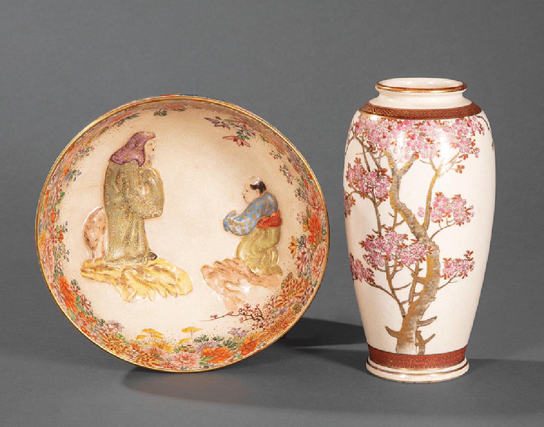 Japanese Satsuma Pottery Bowl and Vase: Japanese Satsuma Pottery Bowl and Vase, Meiji Period (1868-1912), interior of bowl molded with figures, decorated with a profusion of flowers banding interior and exterior rim, base marked, h. 3 in., 
