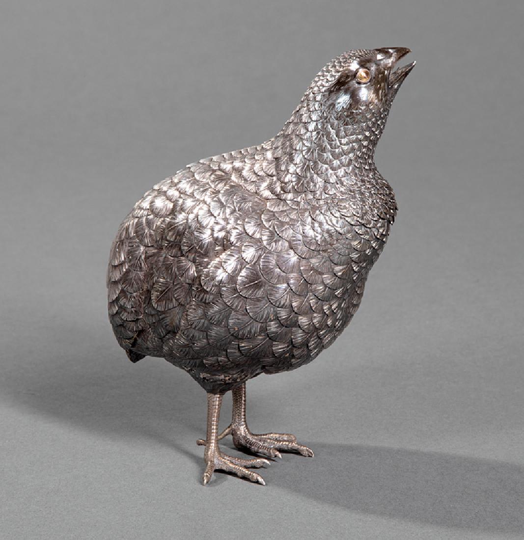 Silvered Partridge Garniture Figure: Silvered Partridge Garniture Figure, late 19th/20th c., probably Japanese, three character mark (unread) on base between legs, weighted, h. 5 5/8 in.. Provenance: Property of the Mobile Museum of Art,
