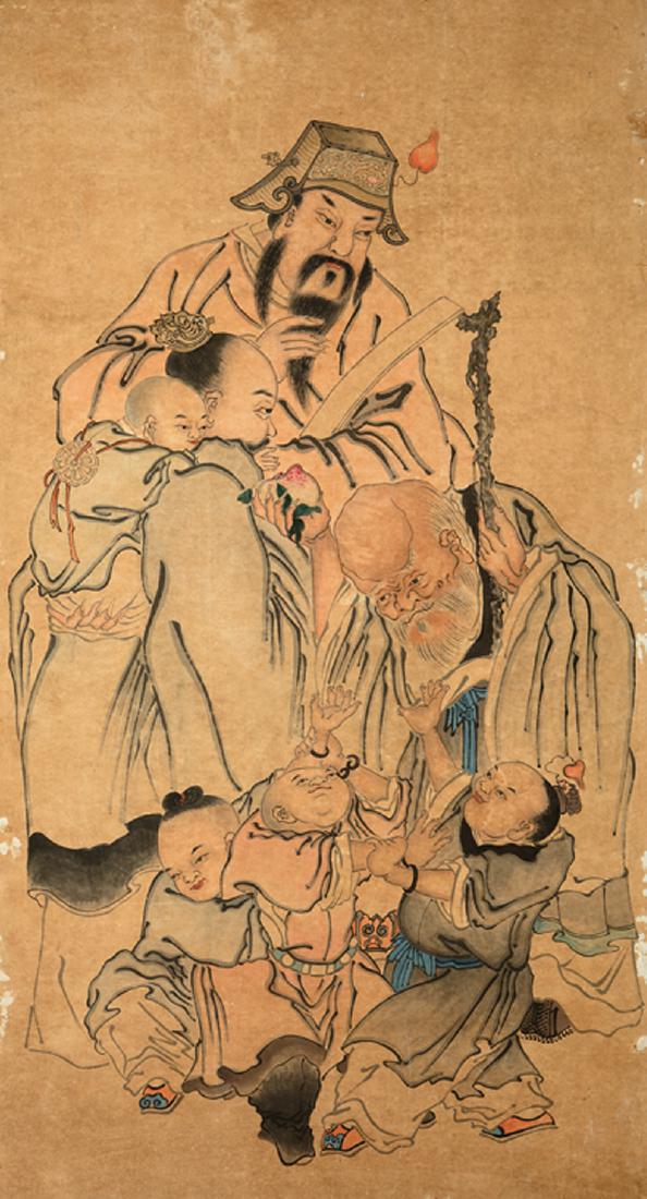 Chinese School: Chinese School, "Three Star Gods: Fu, Lu, Shou", ink and color on paper mounted to board, board 67 7/8 in. x 37 3/8 in., unframed. Provenance: Property of the Mobile Museum of Art, Mobile, AL, acquire