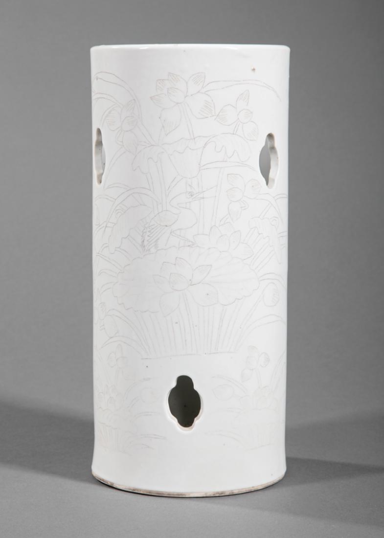 Chinese White Glazed Porcelain Hat Stand: Chinese White Glazed Porcelain Hat Stand, incised with lotus pond scene, h. 10 3/4 in. Provenance: Property of the Mobile Museum of Art, Mobile, AL, acquired 2005; Sold to Benefit their Collections, C