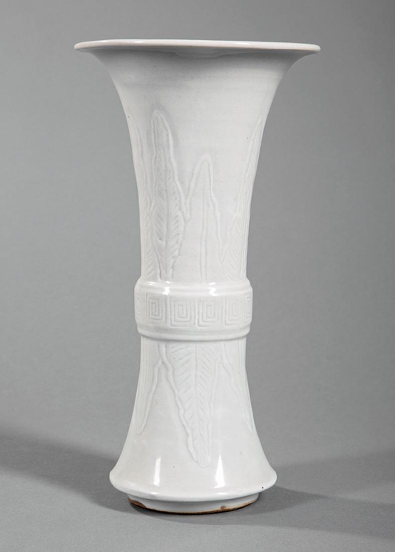 Chinese Glazed Porcelain Gu Vase: Chinese Glazed Porcelain Gu Vase, molded with upright and pendant leaf tips flanking a key-fret band, h. 11 5/8 in. Provenance: Property of the Mobile Museum of Art, Mobile, AL, acquired 2005; Sold to