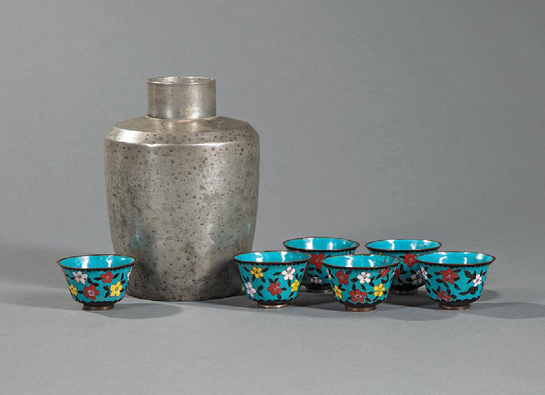 Chinese Cloisonné Enamel Wine Cups & Pewter Flask: Set of Six Chinese Cloisonné Enamel Wine Cups and a Pewter/Paktong Flask, late 19th/early 20th c., cups with flower head decoration, brass rims and foot rings, h. 1 1/2 in., dia. 2 1/2 in.; flask wit