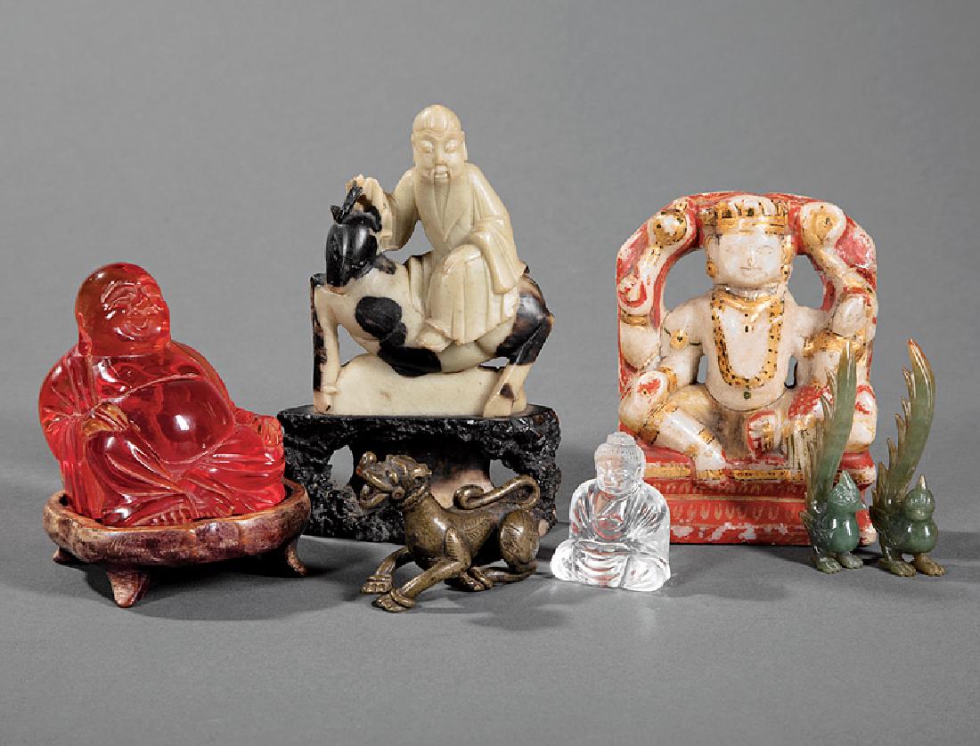 Seven Asian Figural Groups and Figures: Seven Asian Figural Groups and Figures, incl. Chinese soapstone figure on a spotted deer, h. 5 5/8 in., w. 3 3/4 in.; Burmese painted alabster Buddhist figure with attendant, h. 4 1/2 in., w. 3 1/2 in
