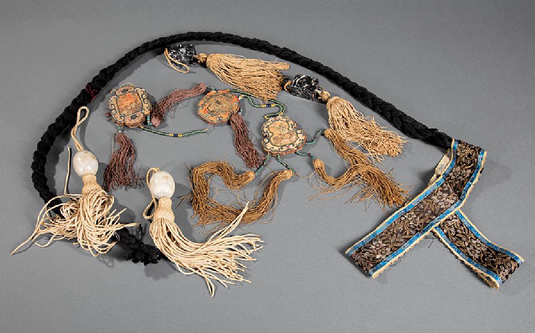 Chinese Ornamental Tassel & Five Pairs of Weights: Chinese Ornamental Tassel and Five Pairs of Scroll Weights, 19th and 20th c., tassel with 3 applique panels with 6 domestic scenes made of pieced overlapping layers strung together with beads, l. 29 1