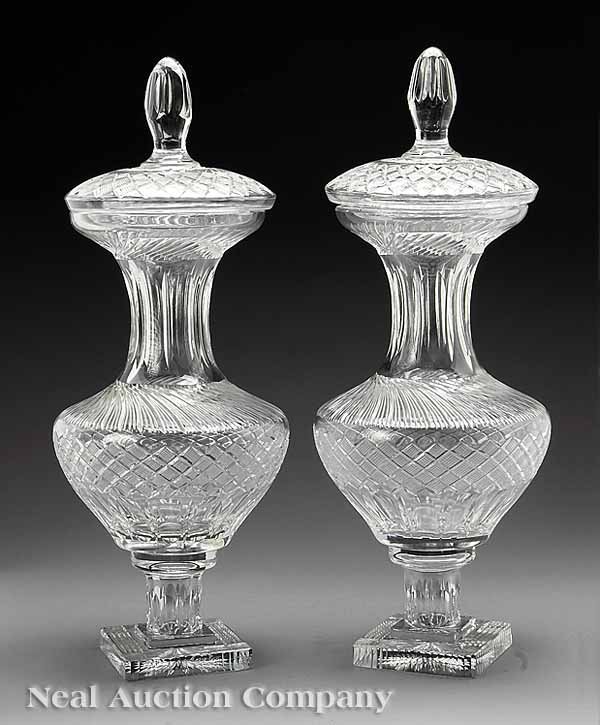 Pair of Monumental Cut Glass Covered Urns