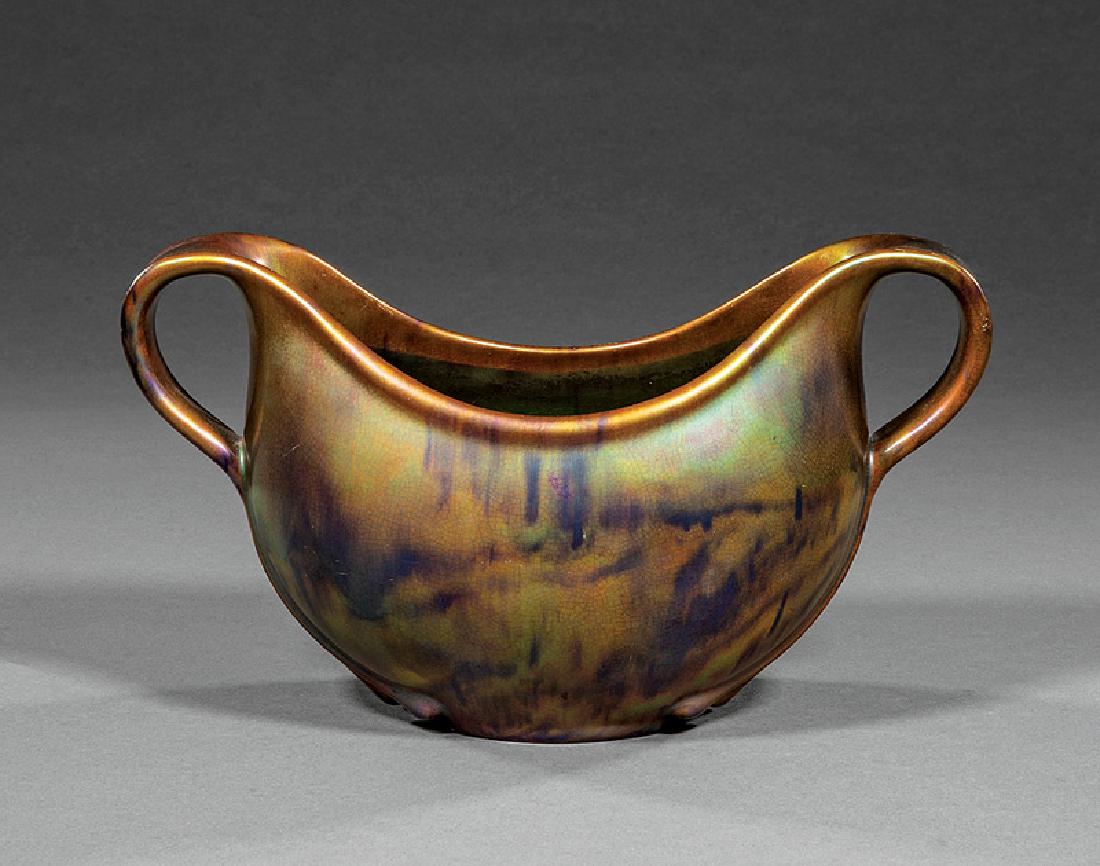 Art Nouveau Zsolnay Ceramic Handled Bowl: Art Nouveau Zsolnay Ceramic Handled Bowl, c. 1900, marked, date code "5850", overall multicolored iridescent glaze, h. 6 1/8 in., w. 11 in., d. 5 3/4 in