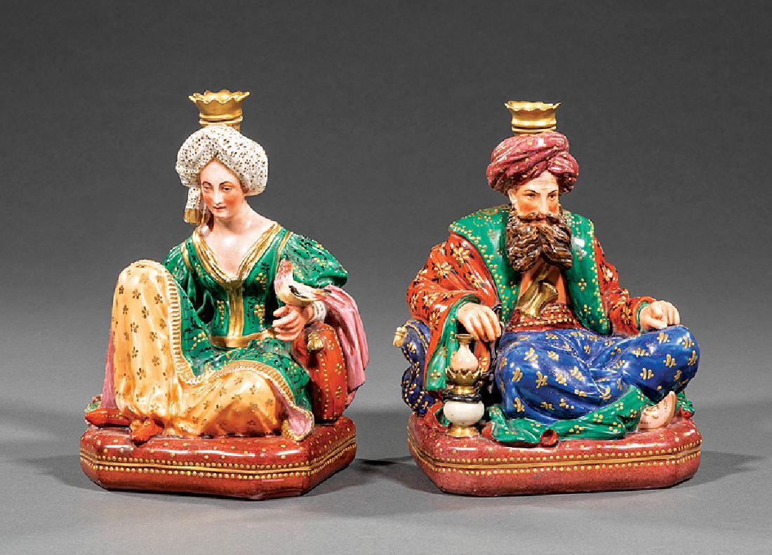 Jacob Petit Porcelain Sultan & Sultana Figures: Pair of Jacob Petit Paris Porcelain Figural Sultan and Sultana Figures, mid-19th c., marked "JP" underside, h. 7 1/2 in