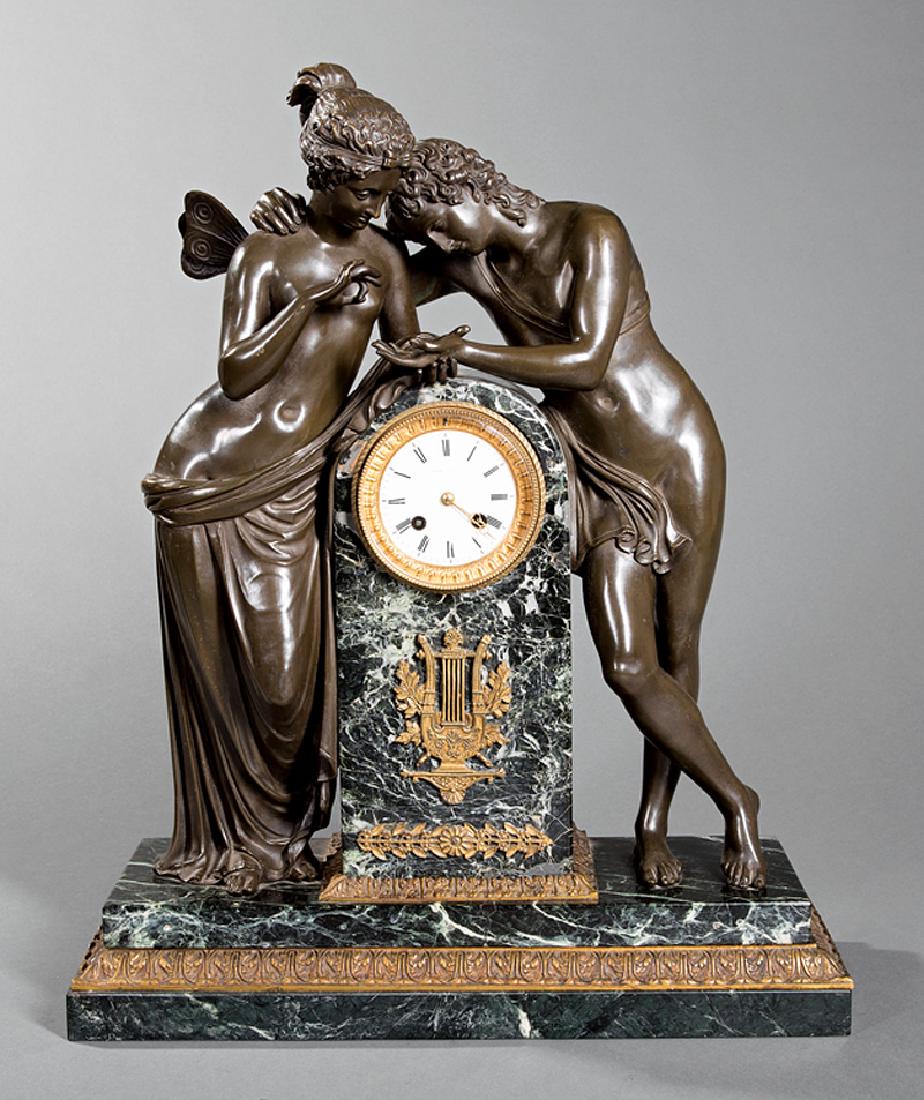 Susse Freres Bronze and Marble Mantel Clock: Napoleon III Bronze and Verde Antico Marble Figural Mantel Clock, 19th c., dial marked "SUSSE FRERES/ A PARIS", after the design by Thomire, the case flanked by Psyche and Cupid, h. 23 in., w. 18 5/8