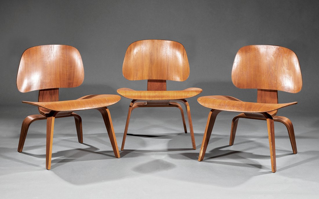 Charles & Ray Eams , Herman Miller, "LCW" Chairs: Three Charles (1907-1978) and Ray (1912-1988) Eames for Herman Miller Molded Plywood and Wood 'LCW' Chairs, mid-20th c., Zeeland, MI, one with metal label, natural rubber shock mounts, slightly articu