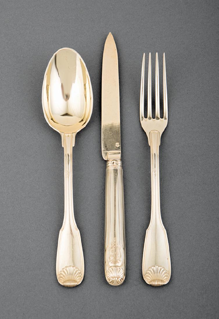 Silver Gilt Dessert Service, Martial Gauthier: French First Standard (.950) Silver Gilt Dessert Service, Martial Gauthier, act. 1888-1902, 39 rue Rambuteau, Paris, incl. 6 forks, 6 spoons and 6 knives, fiddle, thread and shell pattern, engraved cr