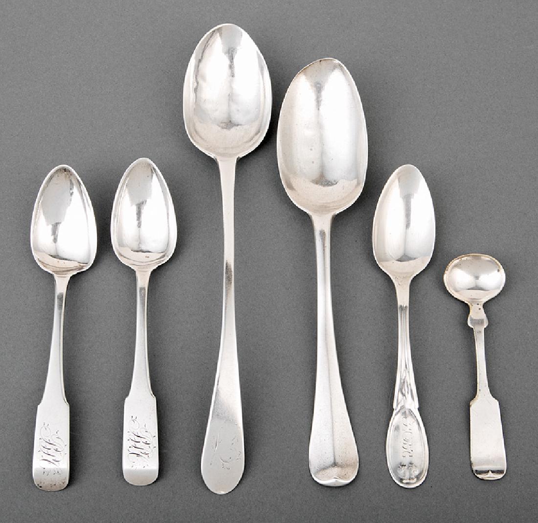 Group of Antique English and American Spoons: Group of Antique English and American Spoons, incl. some 18th c. examples, various makers, primarily teaspoons and coffee spoons, wt. 30 troy ozs. (59 pcs.)