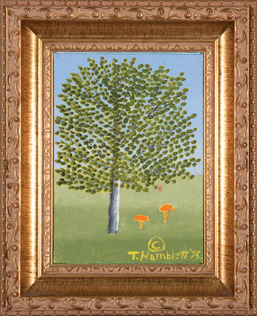 Theora Hamblett (American/Mississippi, 1895-1977): Theora Hamblett (American/Mississippi, 1895-1977), "Tree with Mushrooms", 1975, oil on canvas board, signed and dated lower right, 7 in. x 5 in., framed. Provenance: Windham Collection, Oxford, MS