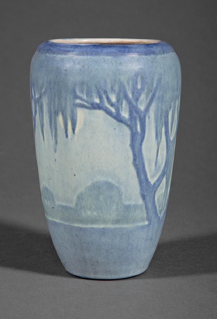 Newcomb College Art Pottery Vase: Newcomb College Art Pottery Vase, 1927, decorated by Sadie Irvine in the "Moon and Moss" landscape design, matte glaze with blue and green underglaze, base marked with Newcomb cipher, decorator's mark