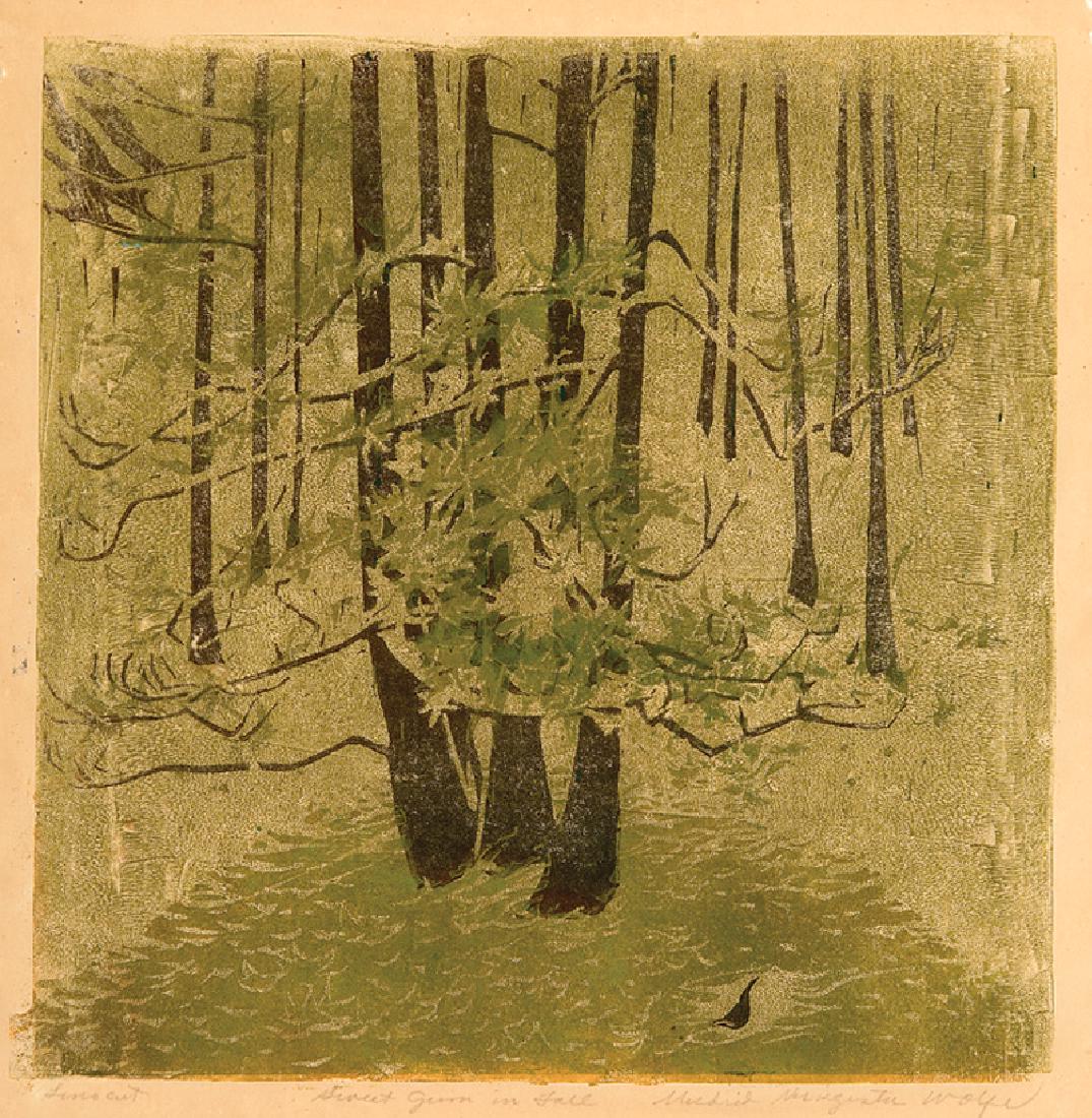 Mildred Nungester Wolfe (American/Mississippi): Mildred Nungester Wolfe (American/Mississippi, 1912-2009), "Sweet Gum in Fall", linocut on paper, pencil-signed and titled lower margin, sheet 15 in. x 14 1/2 in.; and "Pigeons", woodcut on paper, pen