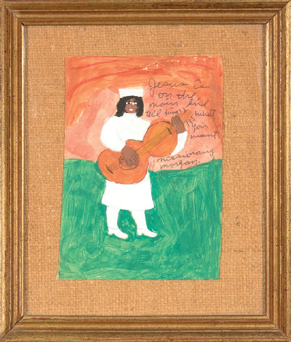 Sister Gertrude Morgan (American/New Orleans): Sister Gertrude Morgan (American/New Orleans, 1900-1980), "Jesus is on the Main Line", mixed media on paper mounted on burlap, signed "Missionary Morgan" lower right, inscribed upper right, 6 3/4 in. 