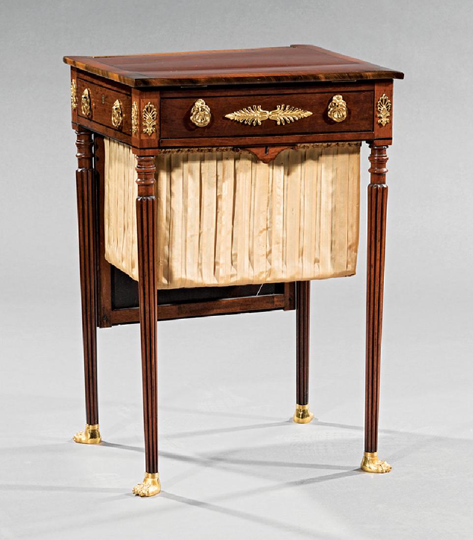 Bronze-Mounted Mahogany Beau Brummel attr Brummel: American Classical Bronze-Mounted Mahogany Beau Brummel, c. 1810-1820, attr. to John Seymour, Boston, mirrored back, easel top, fitted side drawer, lower work basket, reeded legs, paw feet, h. 45 3/4 