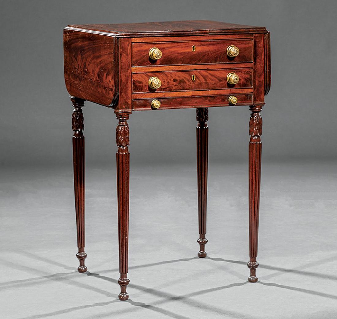 AmericanHighly Figured Mahogany Work Table: American Federal Highly Figured Mahogany Work Table, late 18th/early 19th c., drop-leaf reeded top, two drawers over basket frame, turned and reeded legs, button feet, h. 30 in., w. (closed) 19 in., w