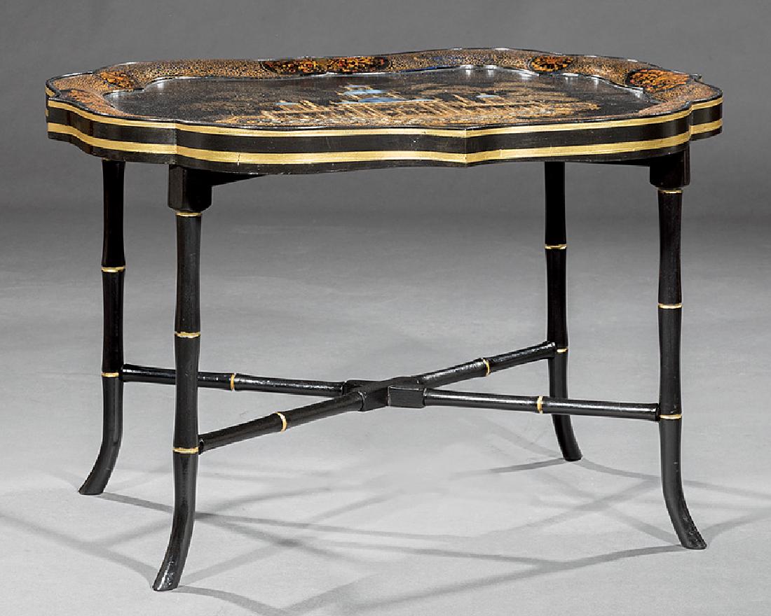 Gilt, Inlaid and Lacquered Papier-Mâché Tray: Fine Antique English Gilt-Decorated, Mother-of-Pearl Inlaid and Lacquered Papier-Mâché Tray, mid-19th c., shaped filigree stenciled rim, center with chinoiserie domed building in rockwork landscape,