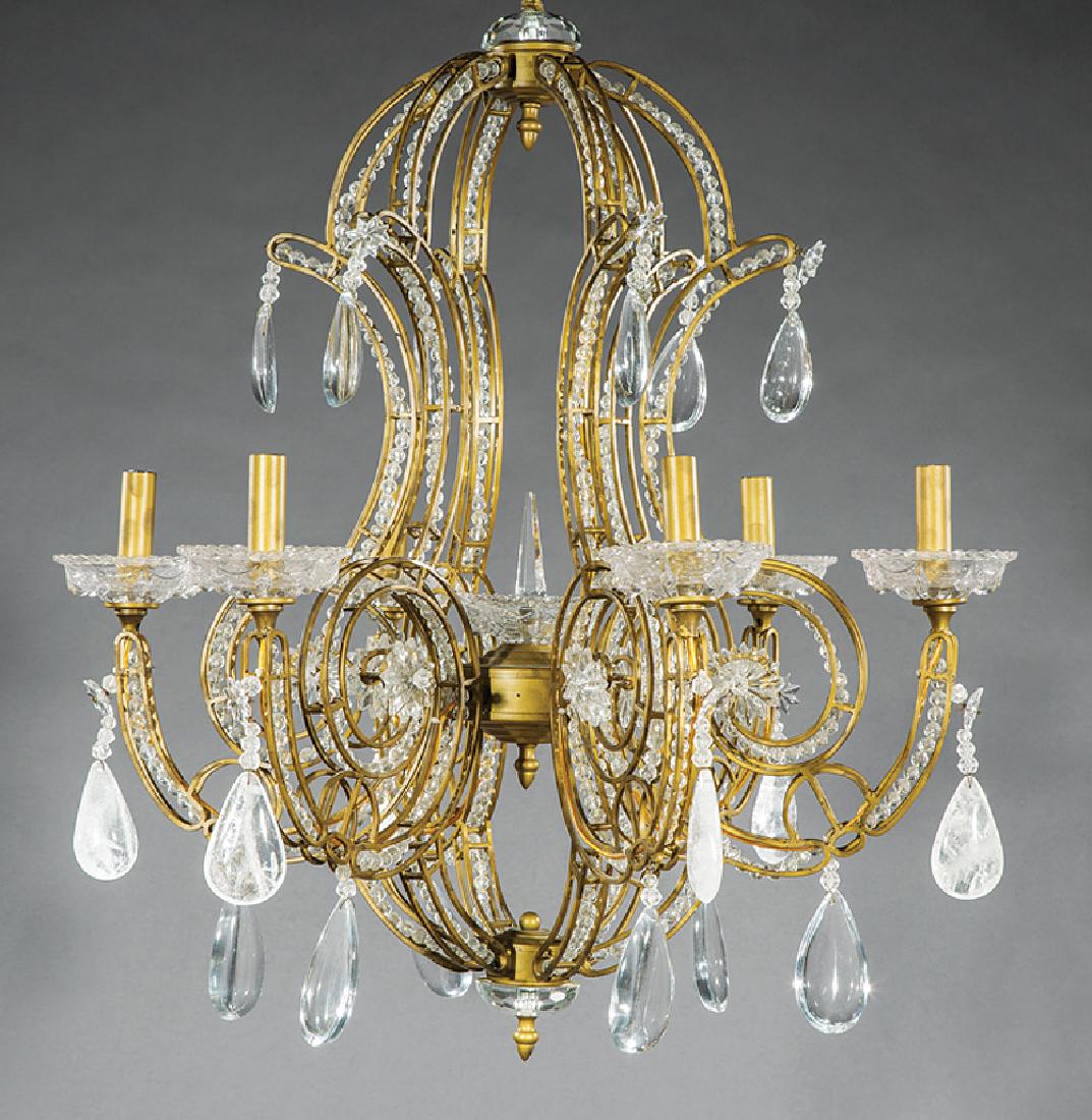 Venetian-Style Rock Crystal, Crystal Chandelier: Venetian-Style Rock Crystal and Crystal Six-Light Chandelier, 20th c., with crystal beads, star rosettes and pendeloques, h. 31 in., dia. 27 in