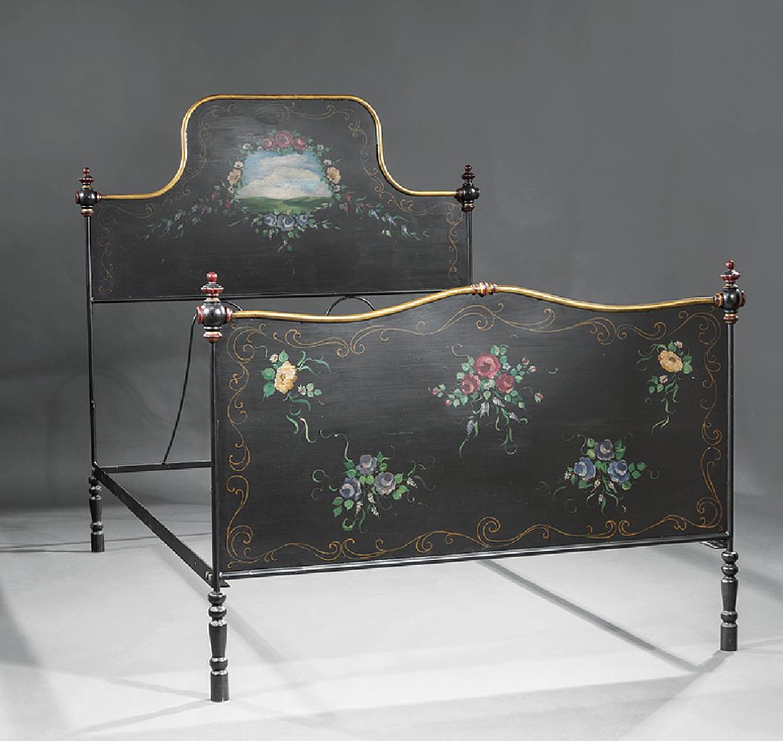 English Tole Peinte Bedstead: English Tole Peinte Bedstead, shaped head board with floral sprays, serpentine foot board with conforming decor, turned legs, h. 68 in., l. 81 in., w. 60 in. Provenance: Williamson-LeBlanc Collection,