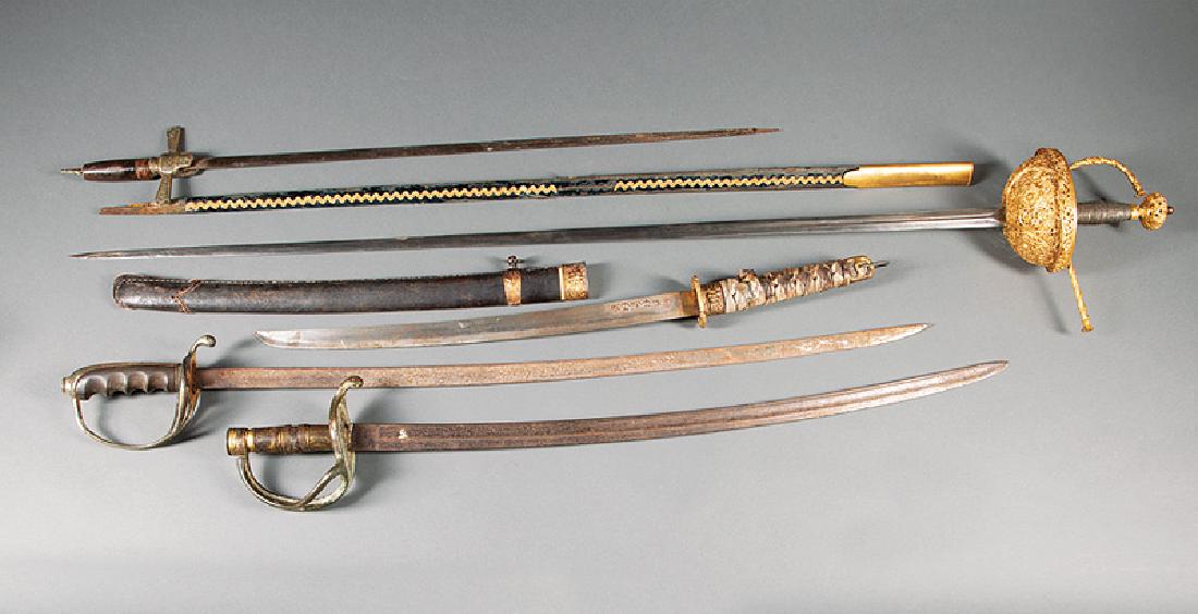 Antique Continental Gilt Basket-Hilt Rapier: Antique Continental Gilt Basket-Hilt Rapier, damascened blade, cloth covered scabbard, blade l. 41 in. Note: Condition; together with four other antique swords. (5 pcs.)