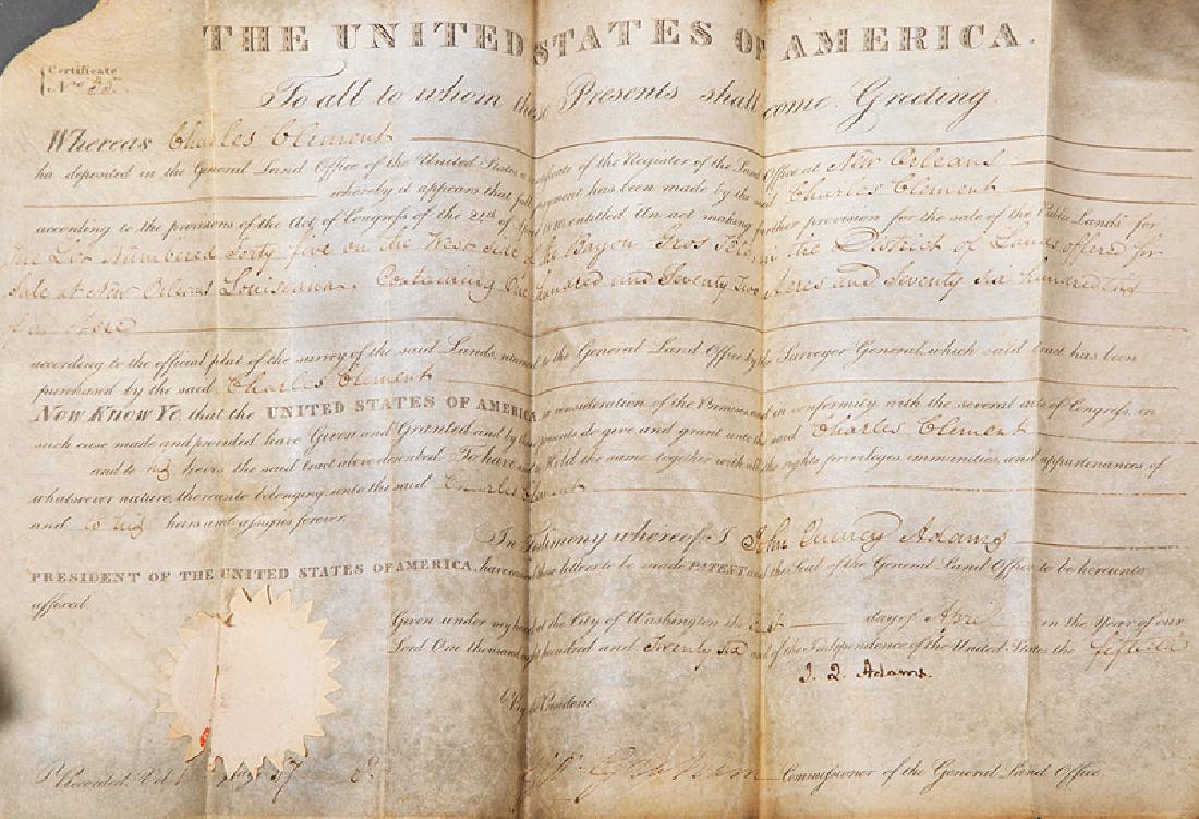 President John Quincy Adams Signed Land Grant: President John Quincy Adams Signed Land Grant, partially printed vellum document, transaction for Charles Clement, for 172 acres on the west side of Bayou Gros Tete, signed "J. Q. Adams", countersigne