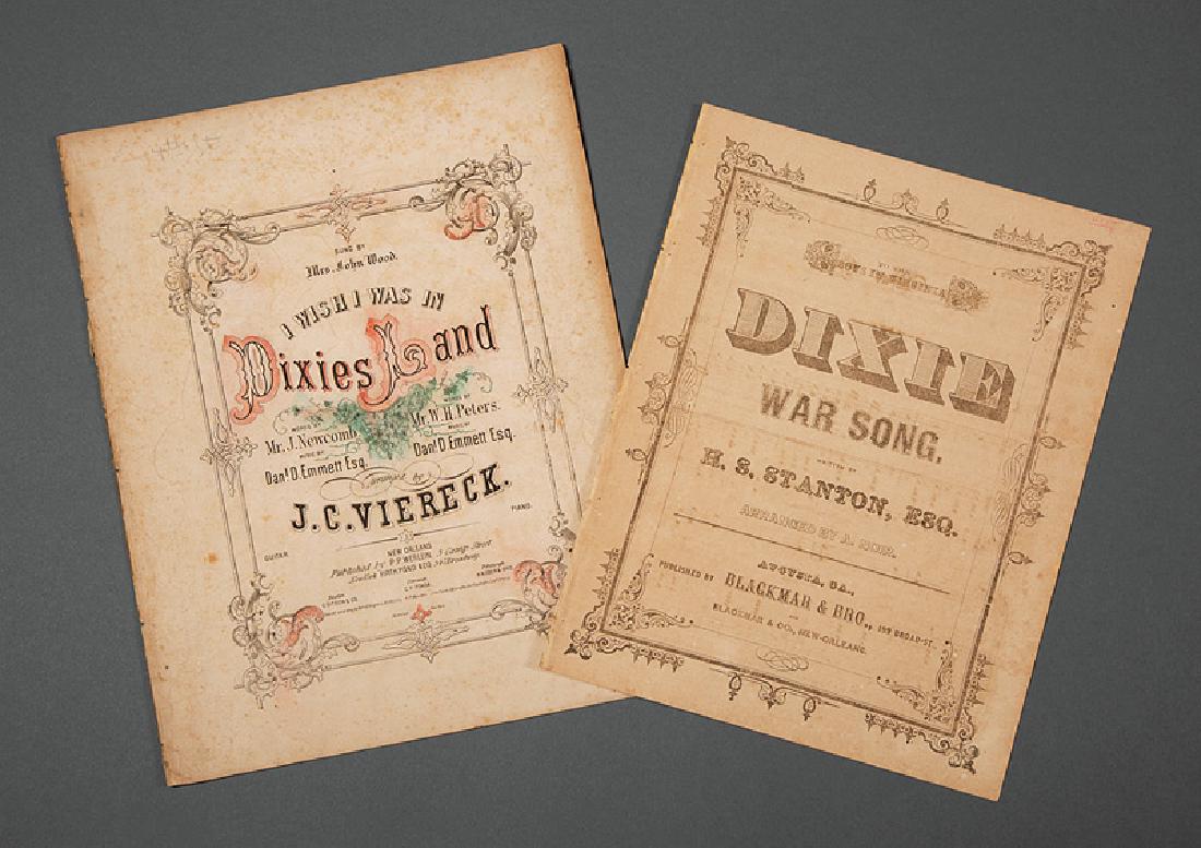 Civil War Era "Dixie" Sheet Music: Civil War Era "Dixie" Sheet Music, two songs, incl.; I Wish I was in Dixies Land, New Orleans, Werlein, 1860, for piano and guitar, actually a pirated version of the original song: and Dixie War Song,