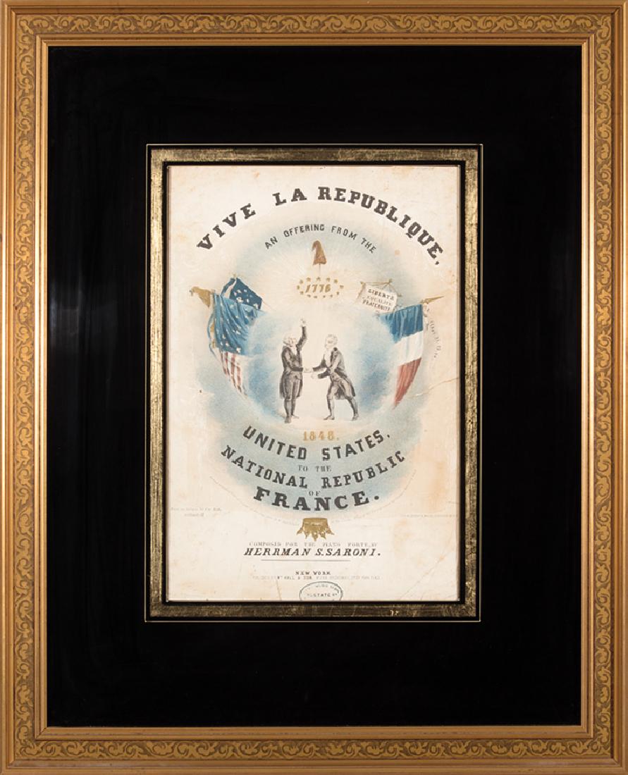 French Revolution Sheet Music, 1848: [French Revolution Sheet Music], "Vive La Republique, An Offering from the United States to the National Republic of France", 1848, colored lithograph, sheet music cover, published by W. Hall & Son, 1