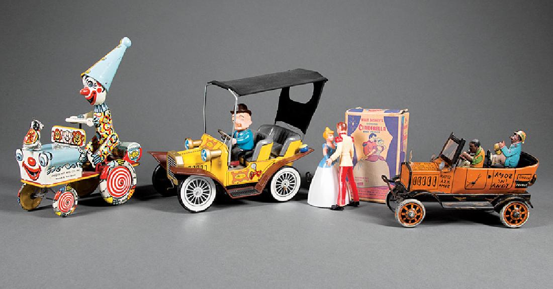 Three Vintage Lithographed Tin Toys: Three Vintage Lithographed Tin Toys, incl.: Marx wind-up Amos & Andy Fresh Air Taxicab, 1930s; Unique Art wind-up Artie the Clown, 1940s; Hubley battery operated Mr. Magoo Car, 1961; together with Irw
