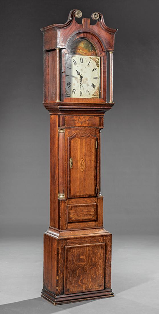 George III Inlaid Oak Tall Case Clock: George III Inlaid Oak Tall Case Clock, 19th c., with modern Hermle striking gong movement, dial arch with a pheasant hunter and hounds, h. 82 in., w. 17 1/2 in., d. 9 in