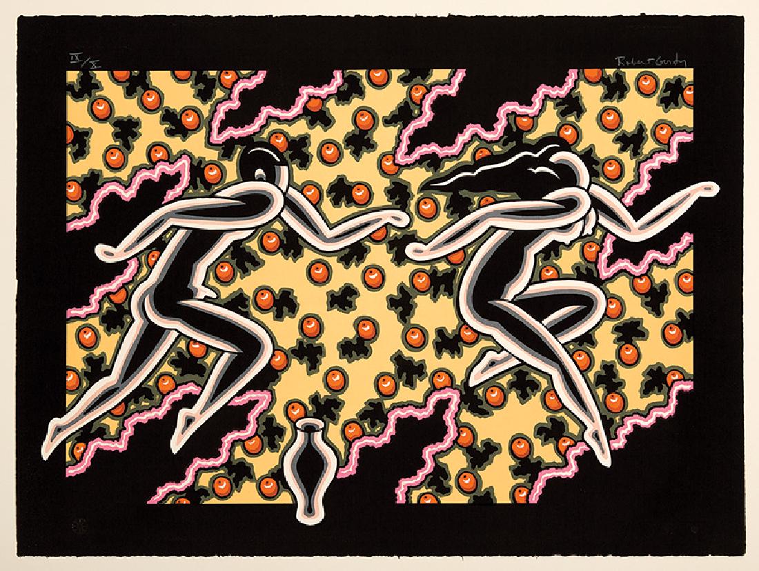 Robert Gordy (American/New Orleans, 1933-1986): Robert Gordy (American/New Orleans, 1933-1986), "Hot Pursuit", silkscreen on paper, pencil-signed and numbered "IX/X" upper margin, sheet 22 1/4 in. x 30 in., framed