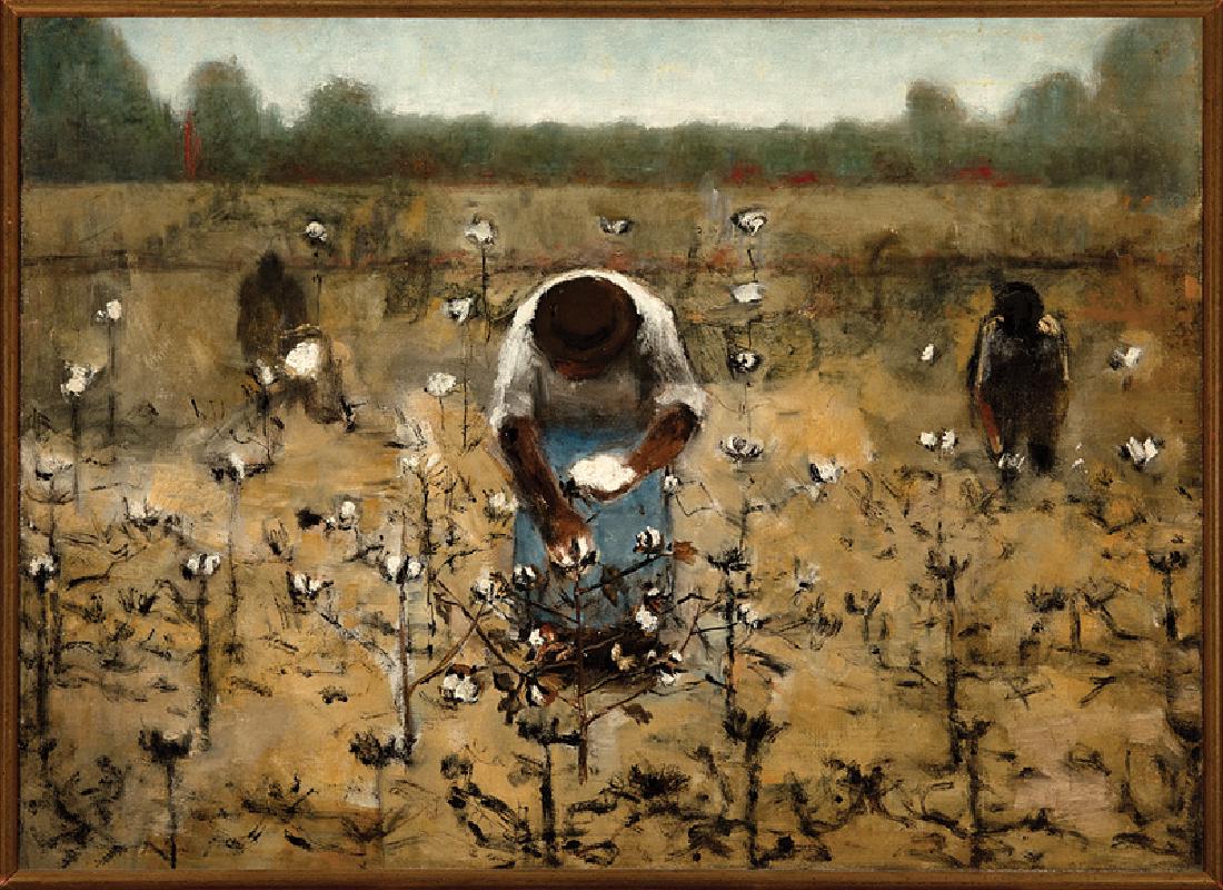 Eleanora Gibson Houston (American/Virginia, 1883: Eleanora Gibson Houston (American/Virginia, 1883-1942), "Cotton Pickers", oil on canvas, unsigned, "Gallery Mayo, Richmond, VA" label with artist and title on backing board, "NHE-26" inventory number 