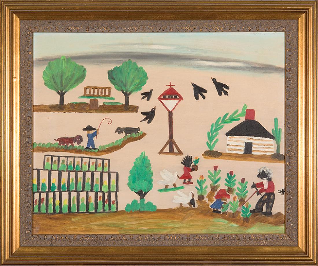 Clementine Hunter (American/Louisiana, 1886-1988): Clementine Hunter (American/Louisiana, 1886-1988), "Uncle Tom's Cabin", oil on canvas board, monogrammed lower right, 16 in. x 20 in., framed