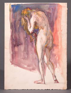 Ellsworth Woodward (American/Louisiana, 1861_: Ellsworth Woodward (American/Louisiana, 1861-1939), "Abishag the Shunamite (Standing Nude with Long Hair, Boyer 86)", one watercolor and one etching on paper, watercolor unsigned, etching pencil-signe