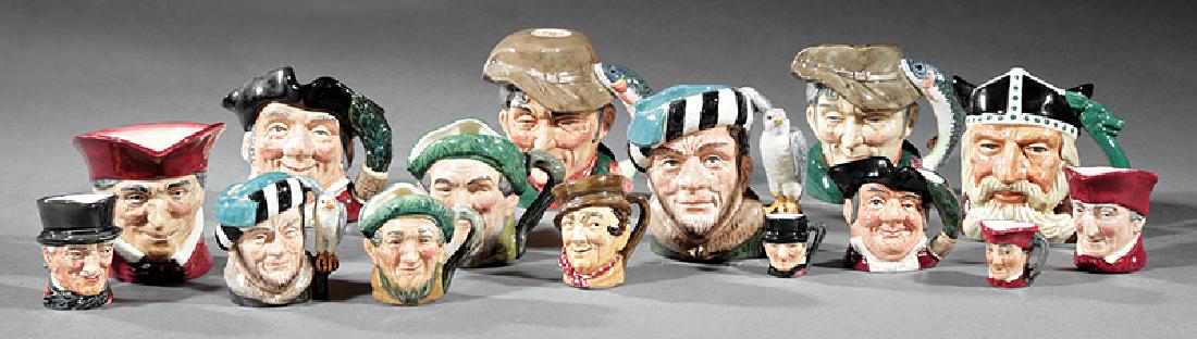 15 Royal Doulton English Character Toby Jugs: Fifteen Royal Doulton English Character Toby Jugs, marked, incl. "The Poacher", "The Falconer", "Mine Host", and others, h. 1 1/4 in. to 4 in IMPORTANT: All purchases must be removed from our premises