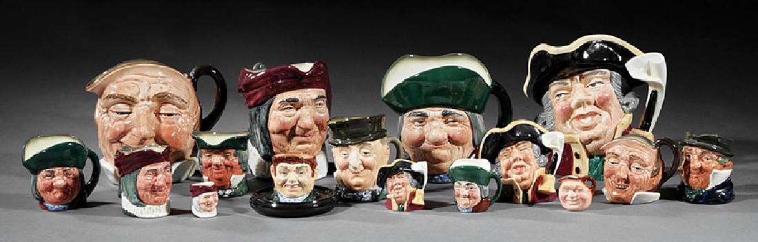 16 Royal Doulton English Character Toby Jugs: Sixteen Royal Doulton English Character Toby Jugs, marked, incl. "Farmer John", "Toby Philpots", "Simon the Cellarer", and others, h. 1 1/2 in. to 7 in IMPORTANT: All purchases must be removed from ou