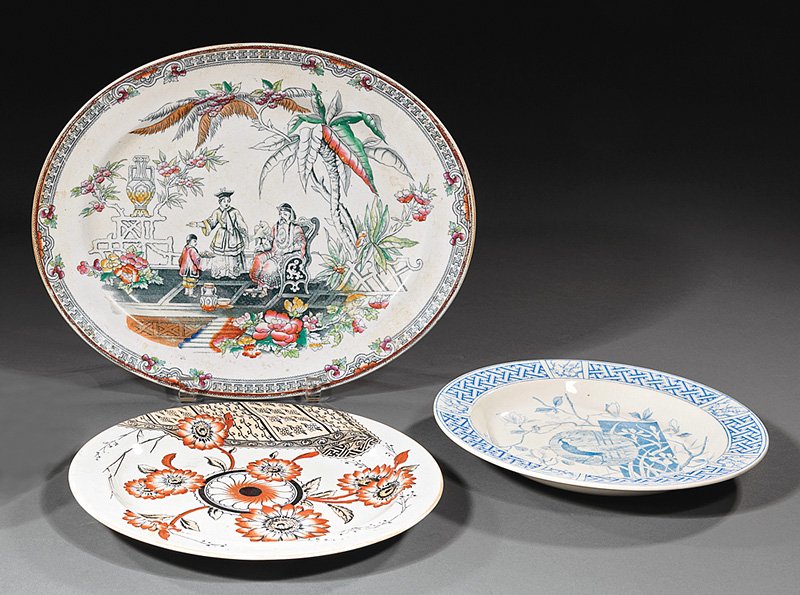 Three English Ironstone Dishes: Three English Ironstone Dishes, late 19th c., incl. Minton's blue and white "Faison" bowl, dia. 9 5/8 in.; Pinder Bourne iron red "Garfield" dish, dia. 10 1/8 in.; and Beech Hancock polychrome "Pekin"