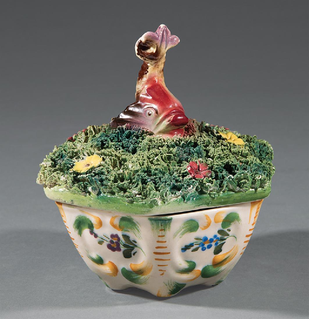 Italian Pottery Hexagonal Bowl: Italian Pottery Hexagonal Bowl, base impressed "Italy", encrusted cover with dolphin handle, h. 5 1/2 in., dia. 5 in IMPORTANT: All purchases must be removed from our premises within 10 days of the au