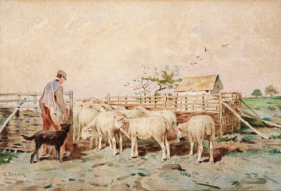 Felix Saturnin Brissot de Warville (British): Felix Saturnin Brissot de Warville (British, 1818-1892), "Shepherd, Collie and Flock", watercolor on paper, signed and inscribed "Paris" lower left, sight 8 3/4 in. x 13 1/4 in., framed IMPORTANT: All