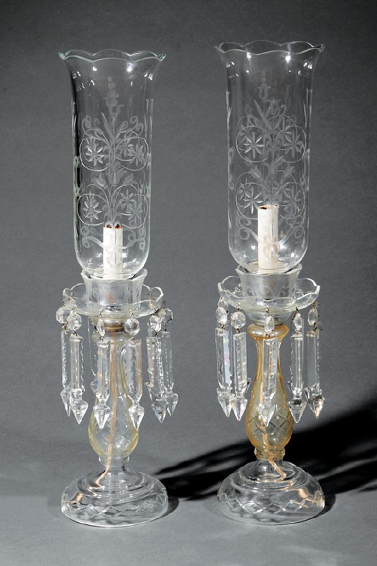 Pair of American Cut Glass Photophores: Pair of American Cut Glass Photophores, floral shades, vasiform standards, spear prisms, electrified, h. 20 1/2 in., dia. 4 1/4 in IMPORTANT: All purchases must be removed from our premises within 10 