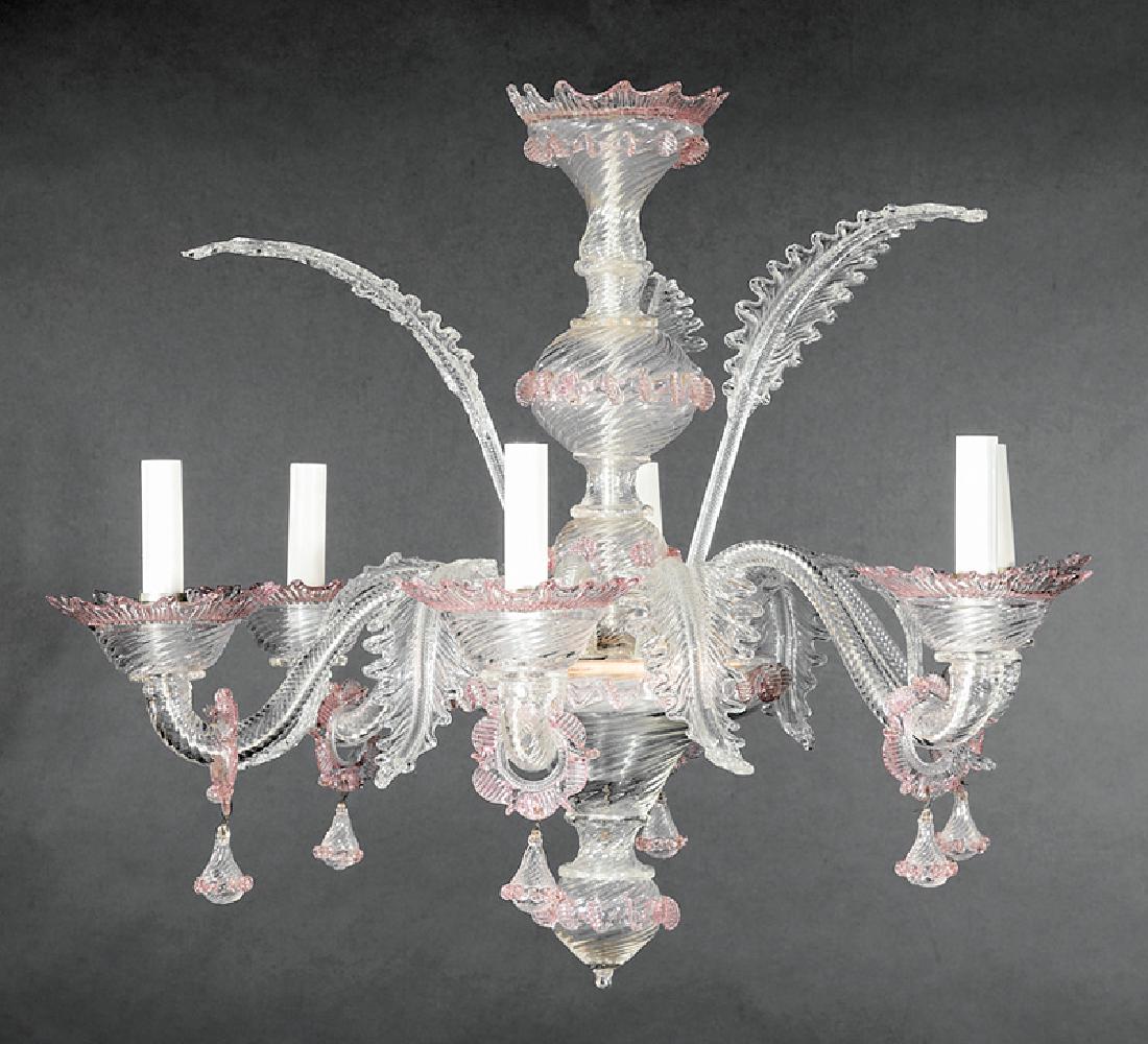 Murano Pink and Clear Glass Six-Light Chandelier: Murano Pink and Clear Glass Six-Light Chandelier, twist-form standard and arms, floral pendants, electrified, h. 25 in., dia. 32 in. Provenance: Estate of Faith K. Tiberio, St. Augustine, FL IMPORTANT