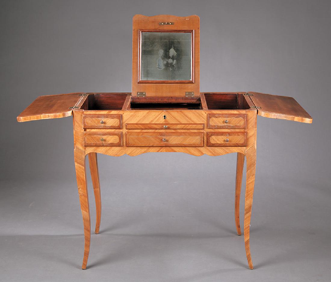 Antique Louis XV-Style Tulipwood Poudreuse: Antique Louis XV-Style Tulipwood Poudreuse, 20th c., hinged scalloped top with storage compartments above dressing slide and drawers, scalloped base and cabriole legs, conforming glass top, h. 29 in.,